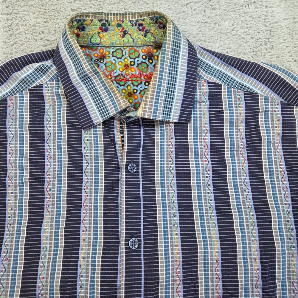 Robert Graham Silk Trim Button Down Shirt Mens M Striped Embroidered Navy Multi
